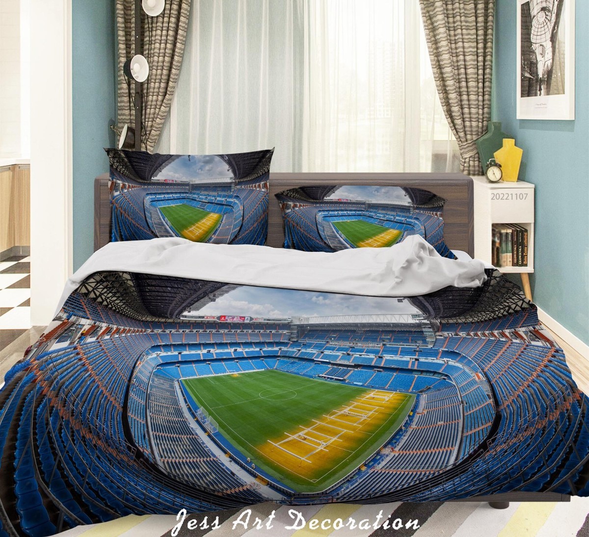 Parure De Lit 3 Pièces Football 3D – Taille Queen – Bleu – Microfibre