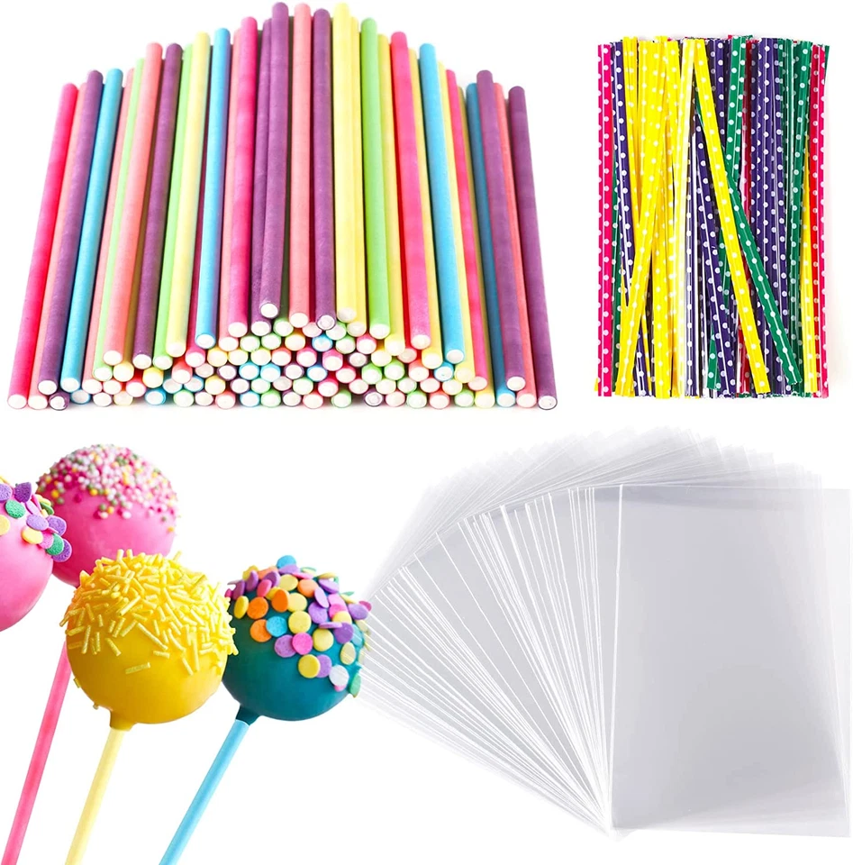 300 Stück Cake Pop Stiele Set, 100 Süßigkeiten Tüten 100 Lollipop Sticks Mit 100 - Bild 2 von 4