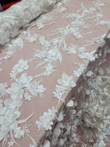 Bridal Wedding Fabric Hand Embroidery Satin Flower 3D Lace Pearls By The Yard - Picture 7 of 10