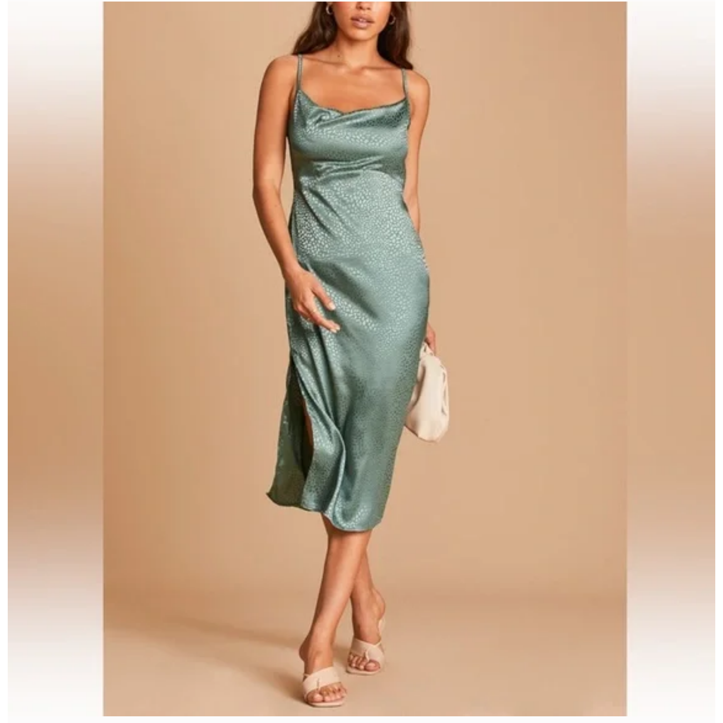 Lulu's Total Stunner Sage Green Satin Jacquard Cowl Neck Midi Dress Women  Size L | eBay