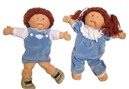 Vintage Cabbage Patch Kids Pair of Dolls Twins BOY/GIRL Blue Velvet Outfit 1985