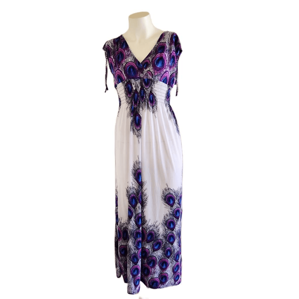 Hots wing women's maxi peacock feather full length summer dress white purple  NWT | eBay