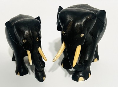 Two Antique Ebony Elephants - Hand Carved Wooden Figurines