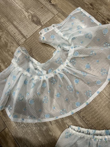 Vtg Baby Dress Blue Flocked Flowers Sheer Dotted Swiss Dot Lace With Panties - Picture 9 of 18