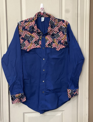 Malco Modes Men's L Regular Blue Long Sleeve Button-Up Collared USA Flag Print