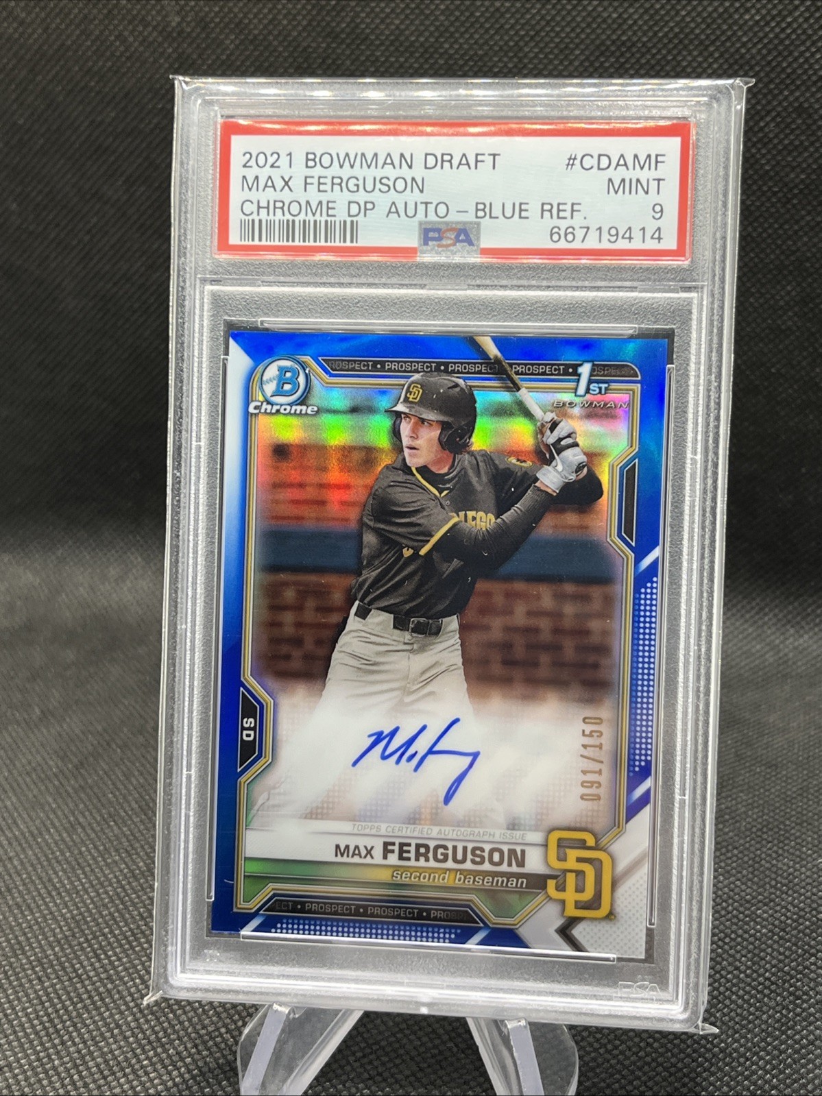 MAX FERGUSON 2021 BOWMAN DRAFT 1ST AUTO TRUE BLUE CHROME REFRACTOR /150  PSA 9
