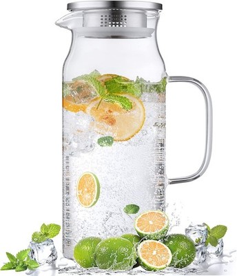 2 Liter 68 oz Glass Pitcher with Lid and Spout, Glass Carafe for Hot/Cold Wat...