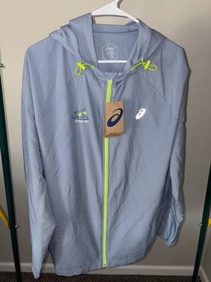 ASICS XL Men's Windbreaker Jacket Light Blue Neon Hooded Full-Zip Running
