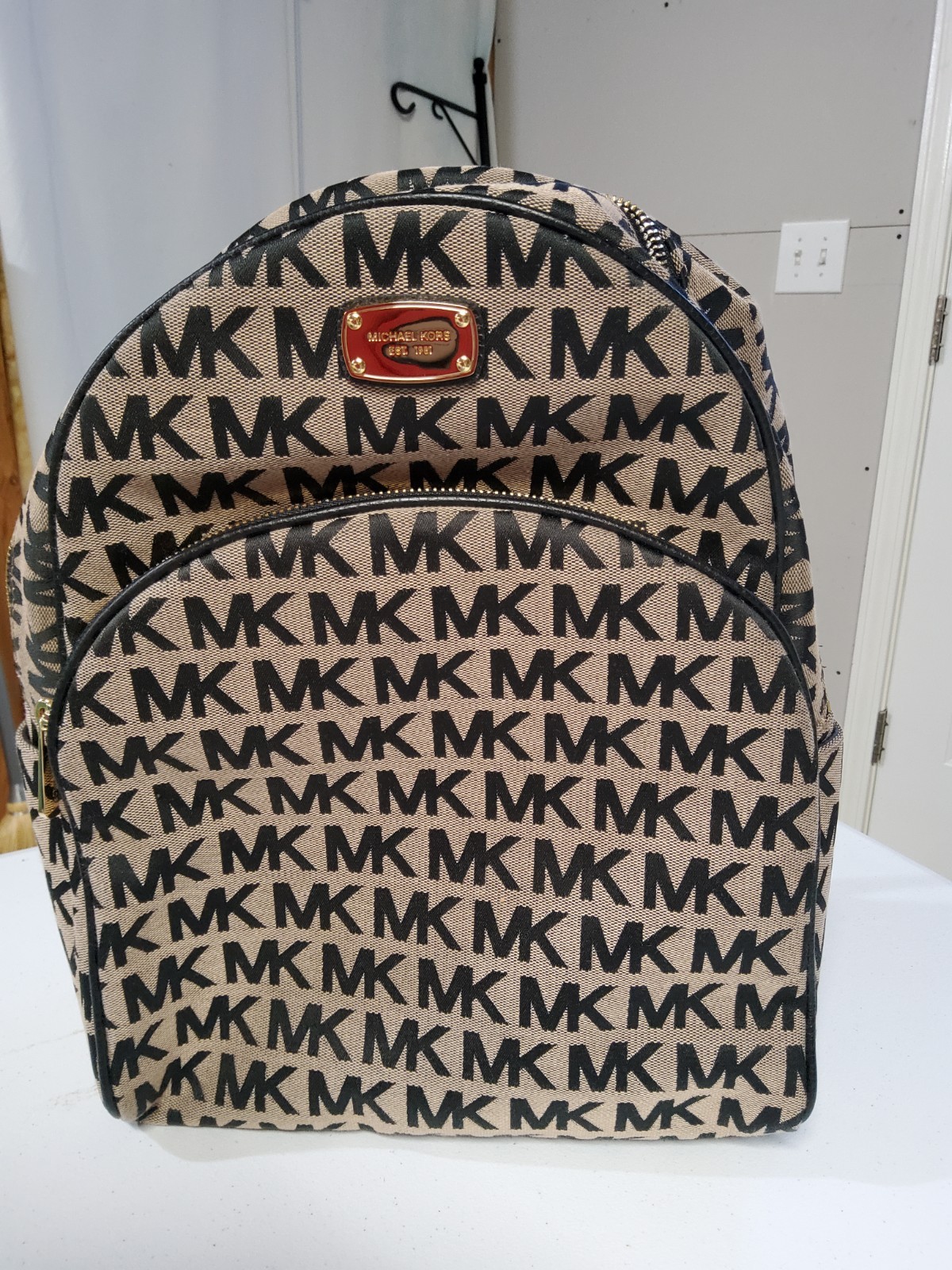 MK Initials Canvas Backpack With Black Leather St… - image 1