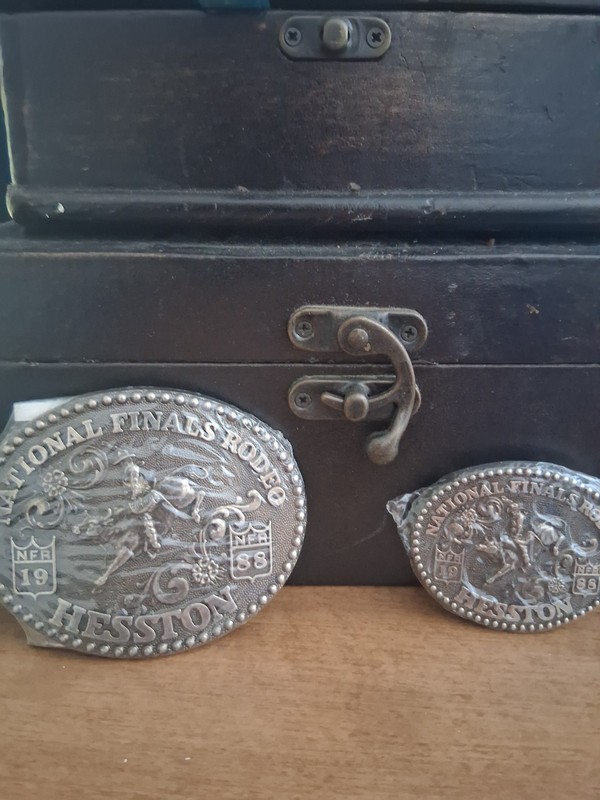 Hesston 1988 National Rodeo Finals Belt Buckle Set.  Adult And Youth