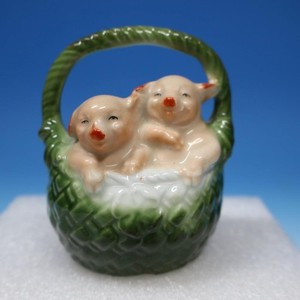 Germany Porcelain - Pink Pigs in Basket - Souvenir Old Orchard Maine - 3 inches