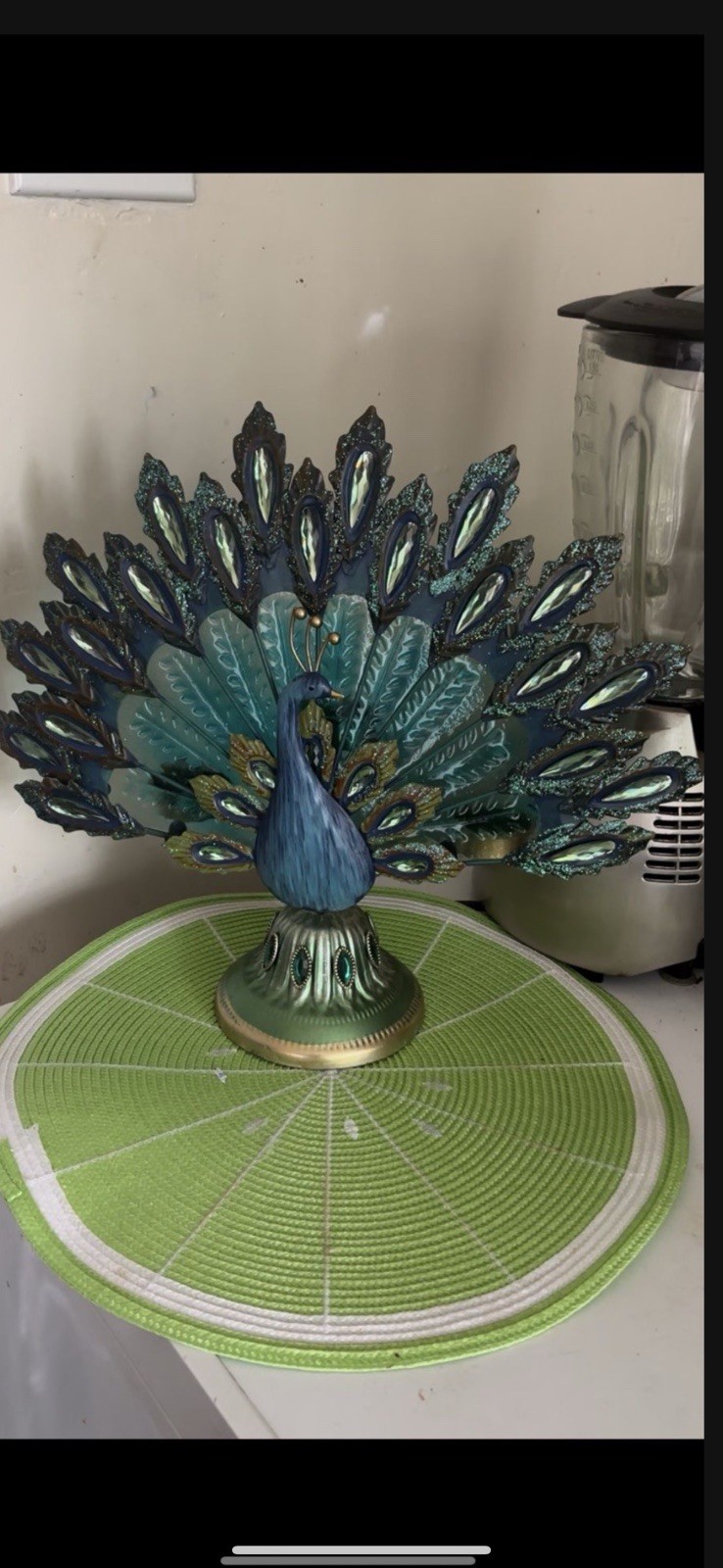 Glass and metal peacock tea light flameless candle holder