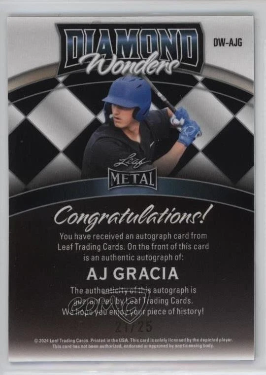 2024 Leaf Metal Diamond Wonders Blue Prismatic /25 AJ Gracia #DW-AJG Auto - Image 2 of 2