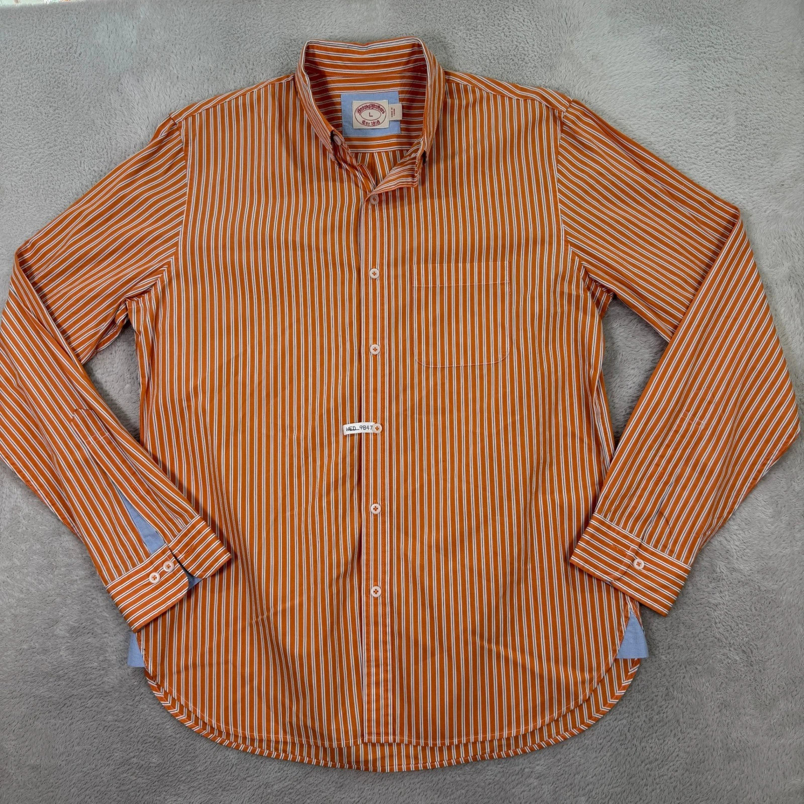 Brooks Brothers Mens Large Orange White Stripe Button Down Shirt Long Sleeve EUC