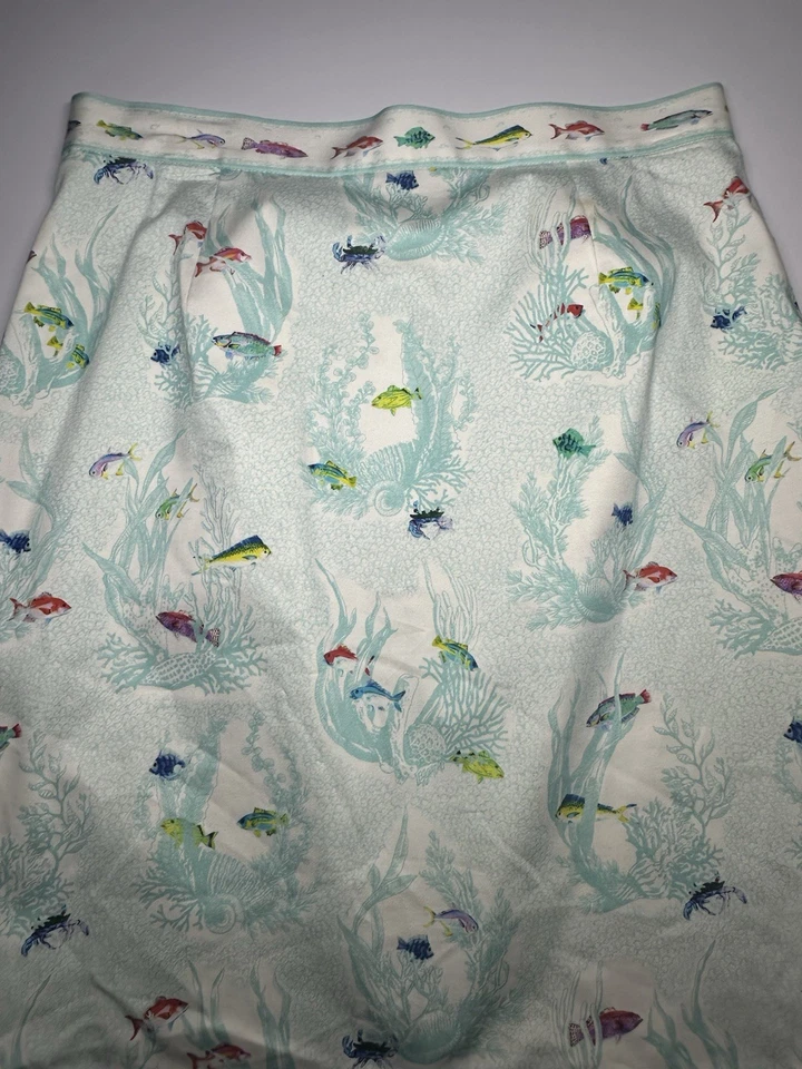 LEGGIADRO Blanco Azul Pez Tropical Clásico Lápiz Rodilla Falda Talla 8 Foto 3 de 4
