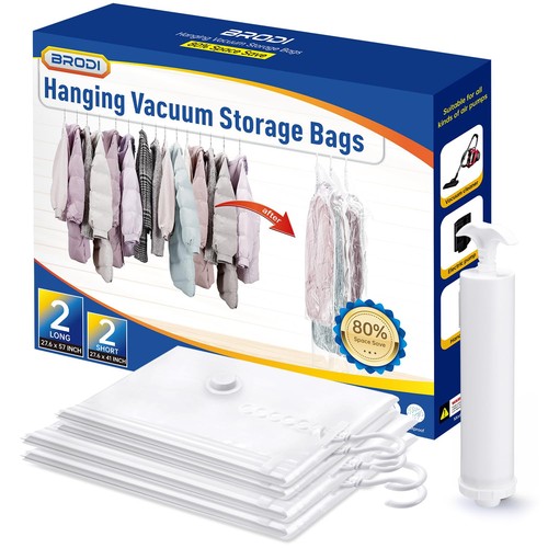 Hanging Vacuum Storage Bags For Clothes With Hand Pump Coat For Space Saver - Picture 1 of 7