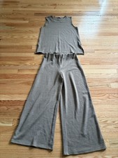 Zara Knit Pants Set Sleeveless Top Wide Leg Co-ord Lounge Grey-Brown Size M