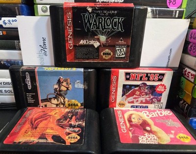 Sega GENESIS 5 GAME LOT - BARBIE WARLOCK LION KING PAPERBOY 2 NFL95- ALL TESTED