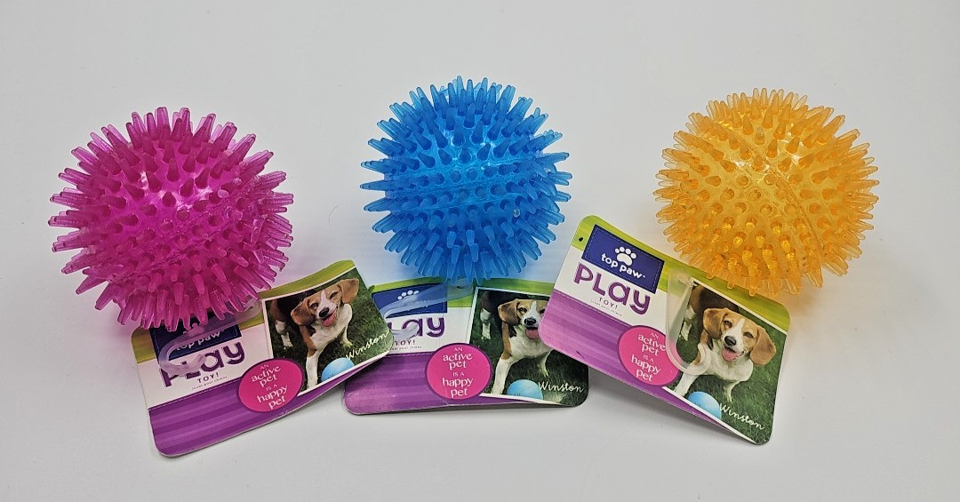 Top Paw Lot Of 3 Spikey Spiked Squeeky Ball Dog Toy 3" Green/Pink/Blue