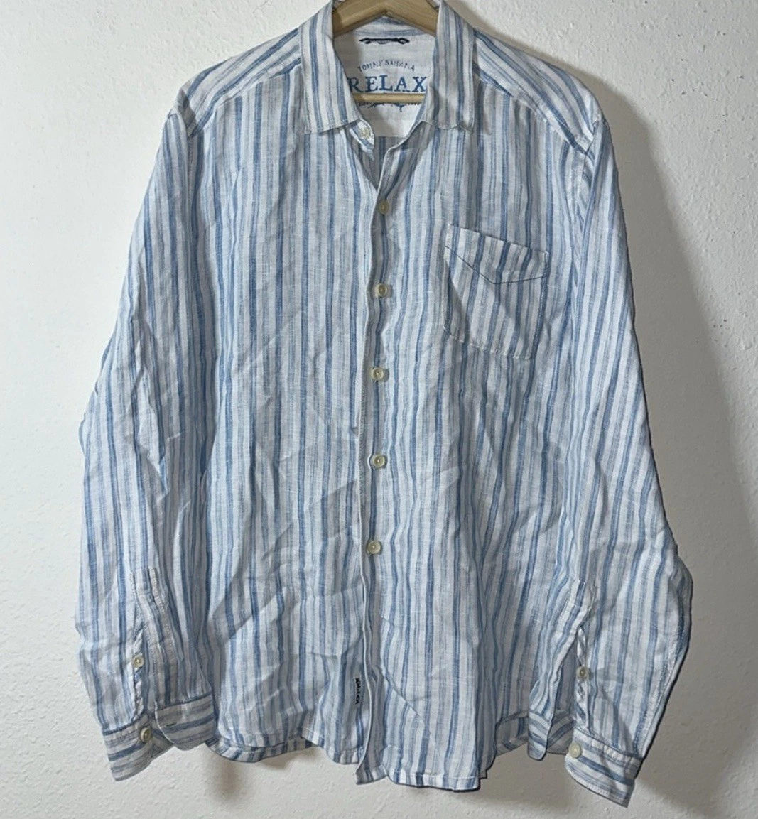 Tommy Bahama Blue and White 100% Linen Long Sleeve Striped Shirt Sz. L