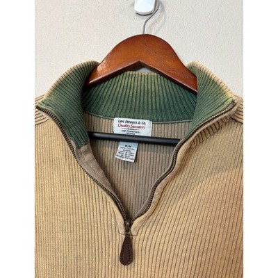 Vintage Levis Strauss Co Quarter Zip Sweater Medium Ribbed Tan/Olive 100% Cotton