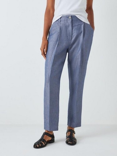 John Lewis Tapered 100% Linen Trousers, Blue Twill, Size 16