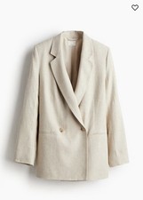 H M Beige Linen Blend oversized Blazer S Notch Lapel Double-Breasted Long Sleeve