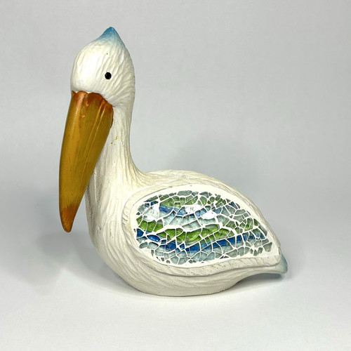 Glass Mosaic Pelican Figurine Resin Nautical Beach Ocean Cottagecore Blue Green