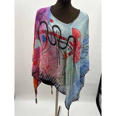 Dilemma New York 100% Silk Abstract Art Poncho Top One Size Tassel Boho Colorful