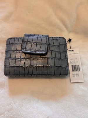 French Connection Emmy Croco Fold Snap Zipper Wallet Denim Blue Embossed NWT