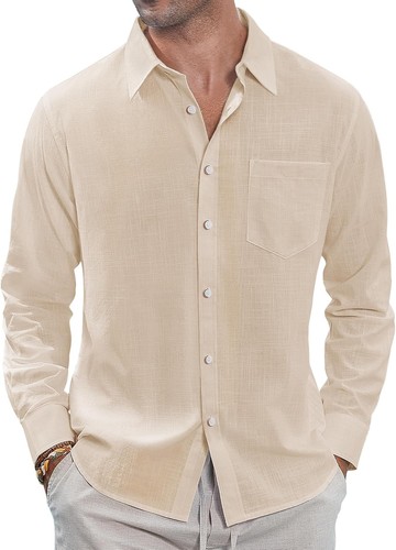 Linen Button Down Shirt for Men - Summer Casual Long Sleeve with Chest Pocket - Picture 19 of 50