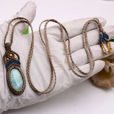 USHAQGEMS Natürlich Amazonit Cabochon Anhänger Boho Makramee Kette Kristall - Bild 1 von 4