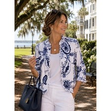 Chico's Cotton Paisley Jacket Blazer Size 1 M Blue White Coastal Quiet Luxury