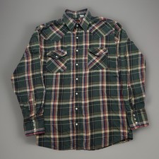 Plains Western Wear Men's Vintage Green Check Plaid Pearl Snap Button Shirt sz L