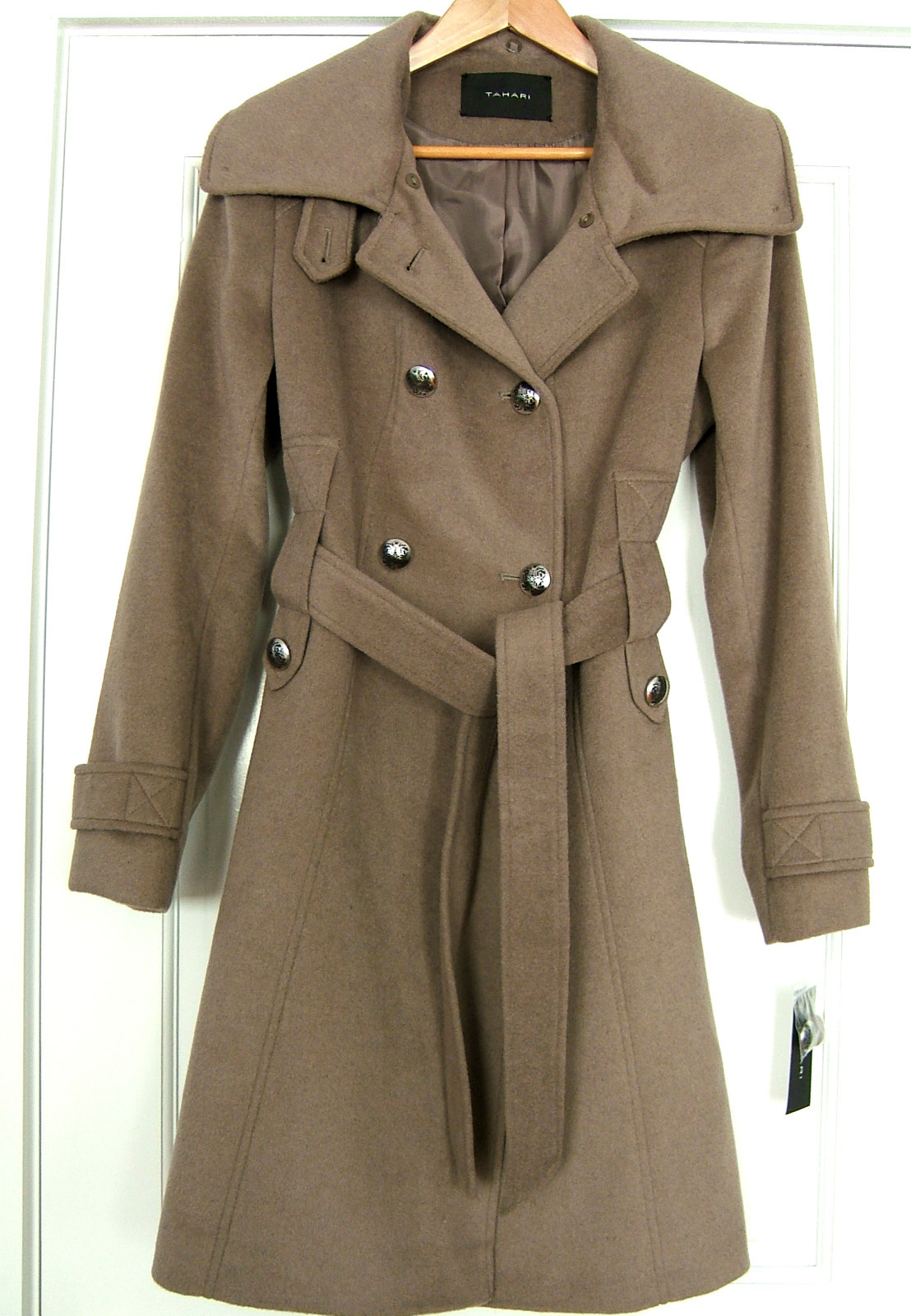 ALTRA Cappotto donna nuovo con etichette Tahari Designer visone marrone Phoebe lungo lana cintura 12 $380