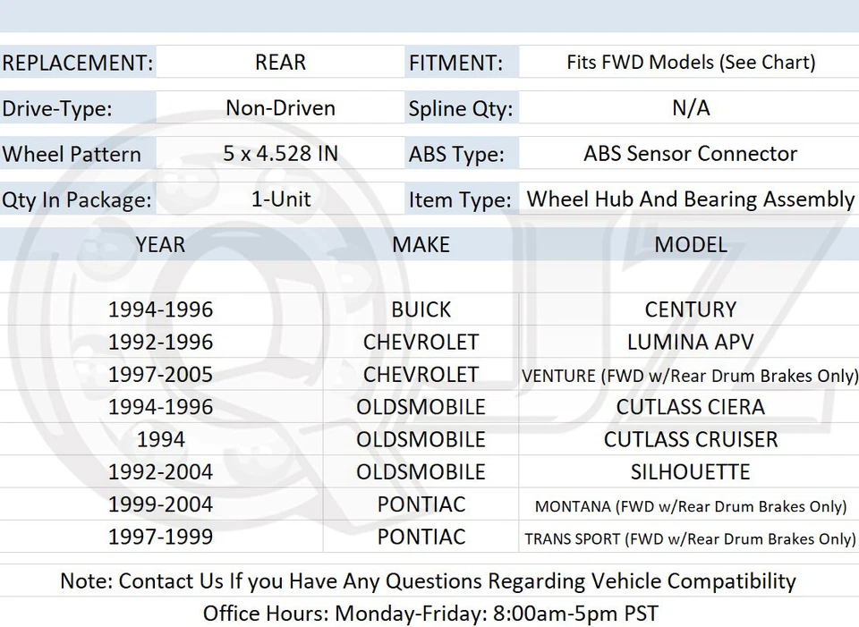[TRASERO (cantidad 1 pieza)] Conjunto de buje de rueda para Chevrolet Lumina 1992-1993 APV TRACCIÓN DELANTERA Foto 2 de 4