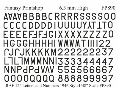 RAF Zahlen und Buchstaben 12'' Transfers Decals 1946 - ON STARDS FP890 SCHWARZ 1/48