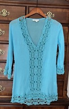 La Blanca Tunic Cover Up XS blue Pure Cotton Island Fare Crochet Trim gauzy