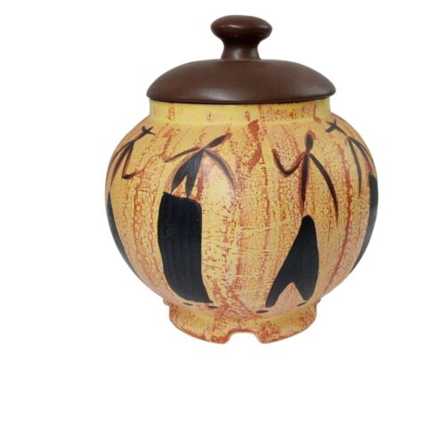 Vintage Dancing Figures Lidded Pot Ceramic Brown Cookie Biscuit Jar - Picture 3 of 21
