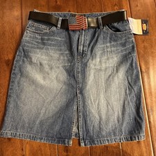 Y2K Vtg Route 66 Denim Blue Jean Skirt Sz 11/12 With American Flag Belt