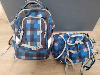 Satch Schulrucksack Schulranzen mit passender Sporttasche blau schwarz karo 