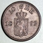 1892 Norway 10 Ore Silver Coin