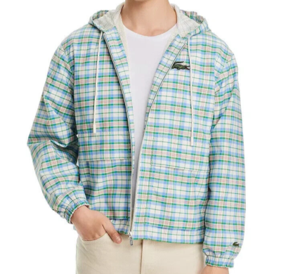 LACOSTE Rain Jacket Mens Small Blue Green Plaid Zip Up