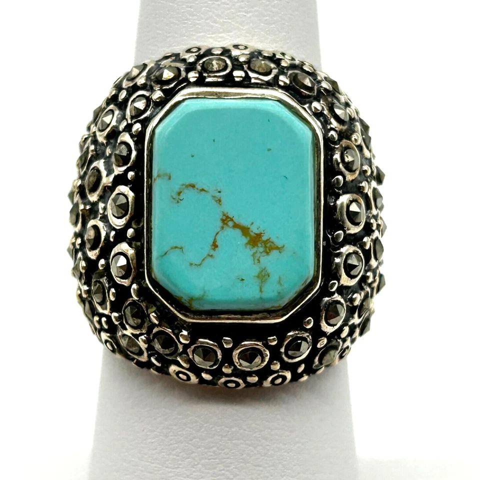 Anillo de colección de plata de ley 925 marcasita y cúpula turquesa cóctel 6 Foto 4 de 4