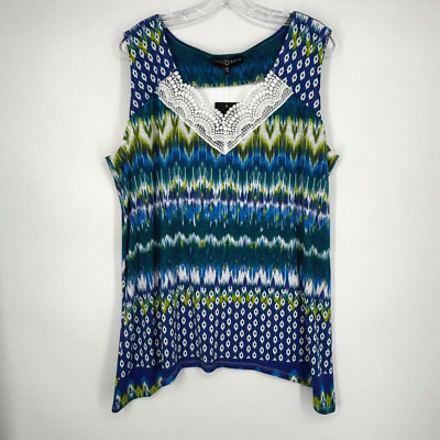 Fred David Womens 1X Tank Top Blue Green Ikat Style Crochet Neckline Keyhole Bac
