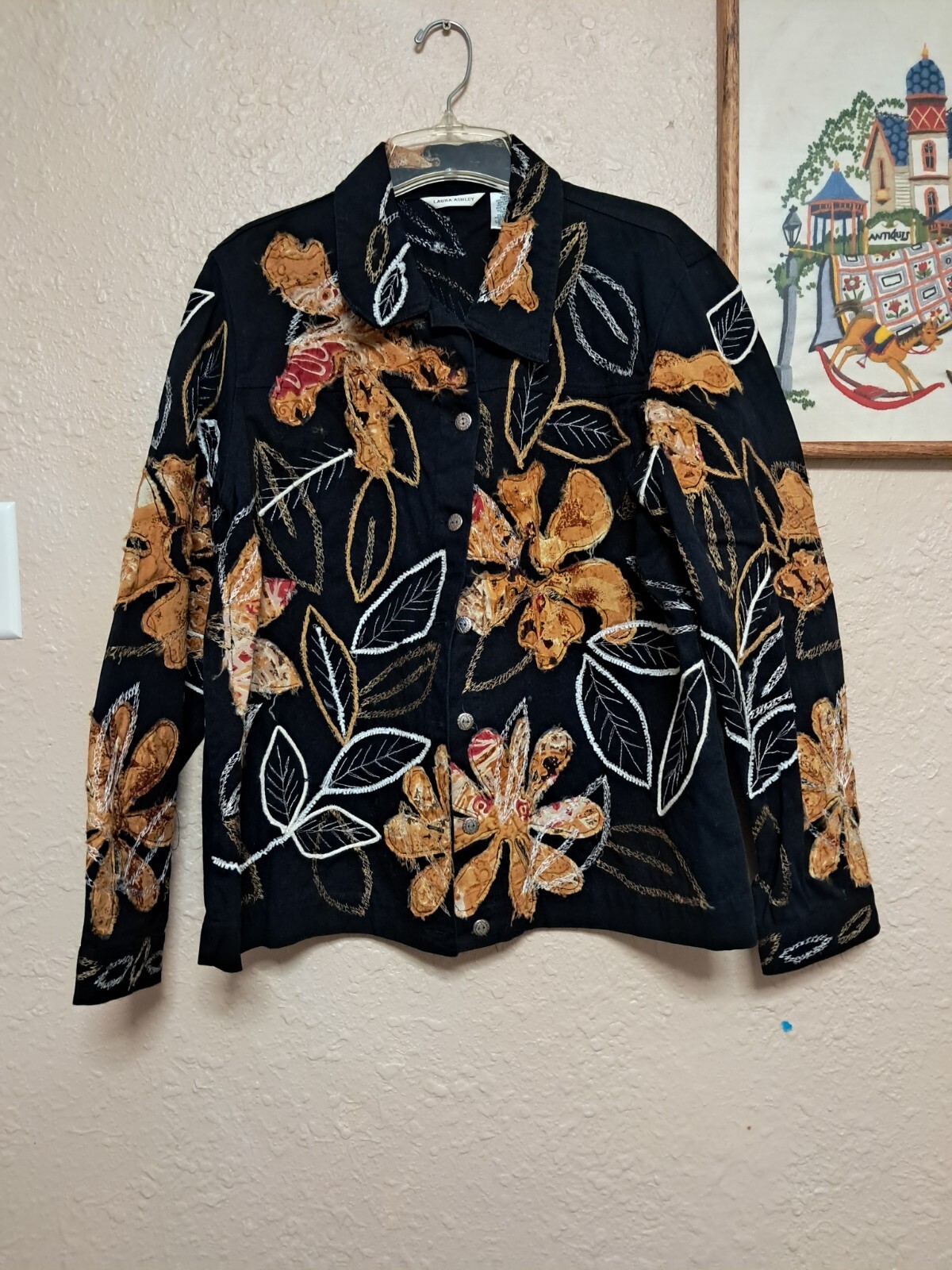 Laura Ashley Jacket Womens XL Long Sleeve Button Up Embroidered Floral Black