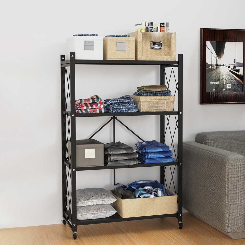 Storage Rack With Box 3/4 Tier Heavy Duty Foldable Metal Rack Storage Shelving Unit With ...