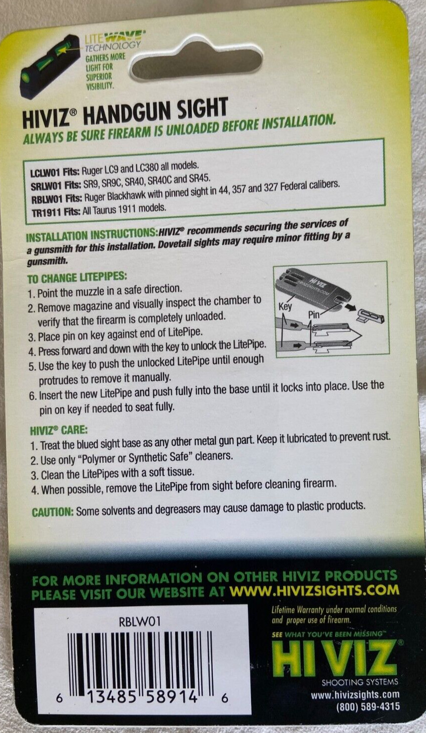 HI VIZ LiteWave FRONT SIGHT Ruger Super Blackhawk/Bisley Green Optic Mod #RBLWO1