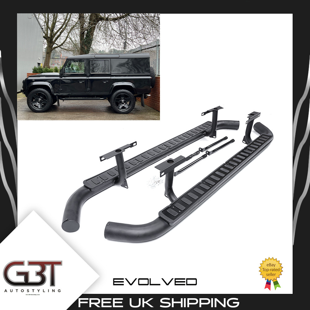 Side Steps For Land Rover Defender 110 Tubular All Black Fire & Ice Style 2003+