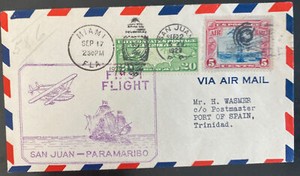 1929 San Juan PR USA First flight Airmail Cover FFC To Port Spain Trinidad